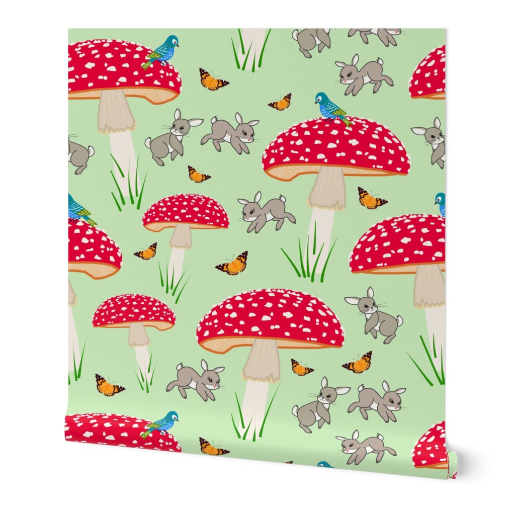 Mushroom Frolic! (Bunnies, Butterflies & Birds) - pastel green, medium 