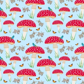 Mushroom Frolic! (Bunnies, Butterflies & Birds) - sky blue, medium 