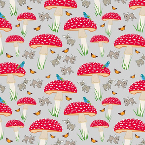 Mushroom Frolic! (Bunnies, Butterflies & Birds) - silver grey, medium 