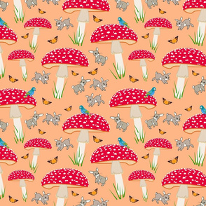 Mushroom Frolic! (Bunnies, Butterflies & Birds) - papaya, medium 