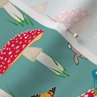 Mushroom Frolic! (Bunnies, Butterflies & Birds) - teal green, medium 