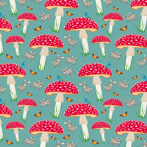 Mushroom Frolic! (Bunnies, Butterflies & Birds) - teal green, medium 