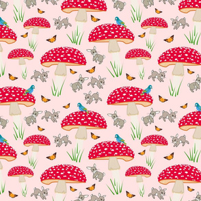 Mushroom Frolic! (Bunnies, Butterflies & Birds) - blush pink, medium 