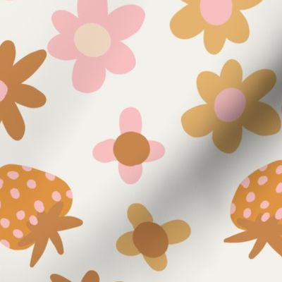 boho strawberry floral fabric - neutral boho design, summer fruits