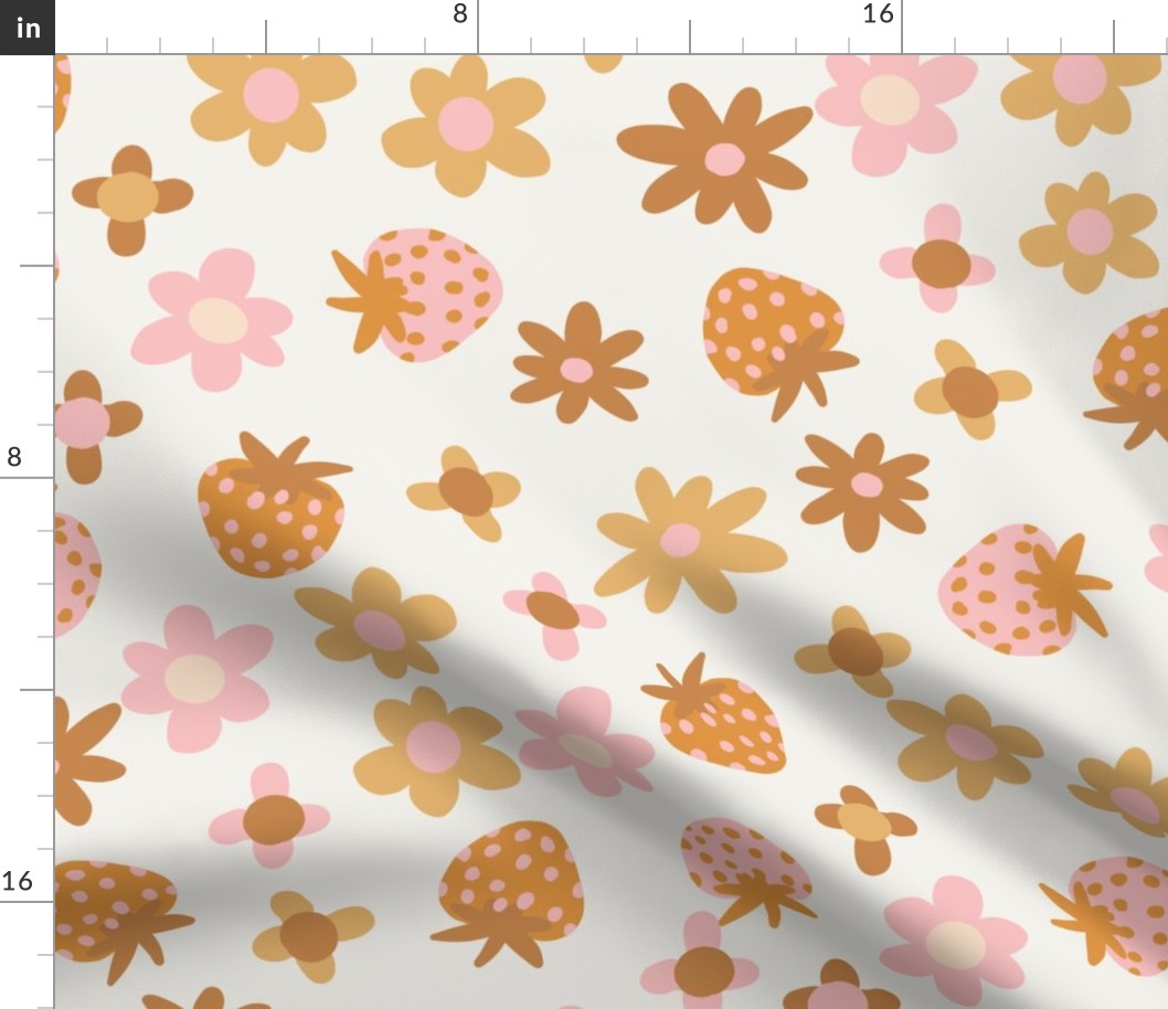 boho strawberry floral fabric - neutral boho design, summer fruits