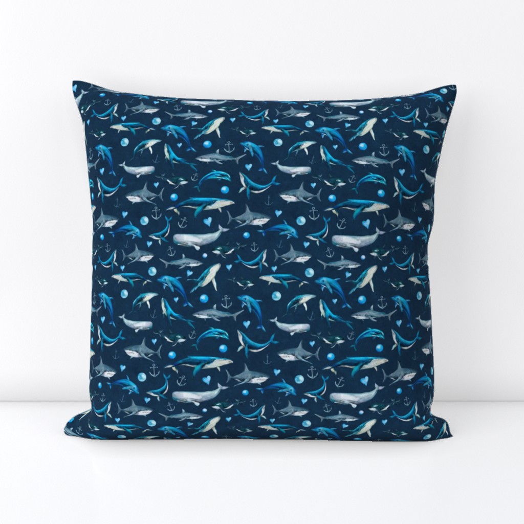 Smaller Scale Deep Blue Sea Whales Dolphins Sharks Orcas Dark Navy Ocean