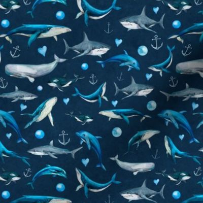 Smaller Scale Deep Blue Sea Whales Dolphins Sharks Orcas Dark Navy Ocean