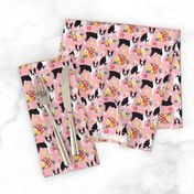 Boston Terrier dogs  pink background with small white, orange, yellow, and red flowers