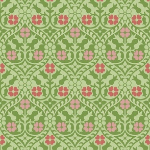 Medieval-style floral, coral-pinks on green, 6W