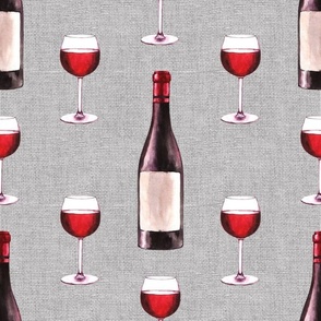 Bigger Scale Red Wine Bottles and Glasses on Grey Linen Texture