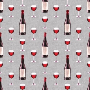 Smaller Scale Red Wine Bottles and Glasses on Grey Linen Texture