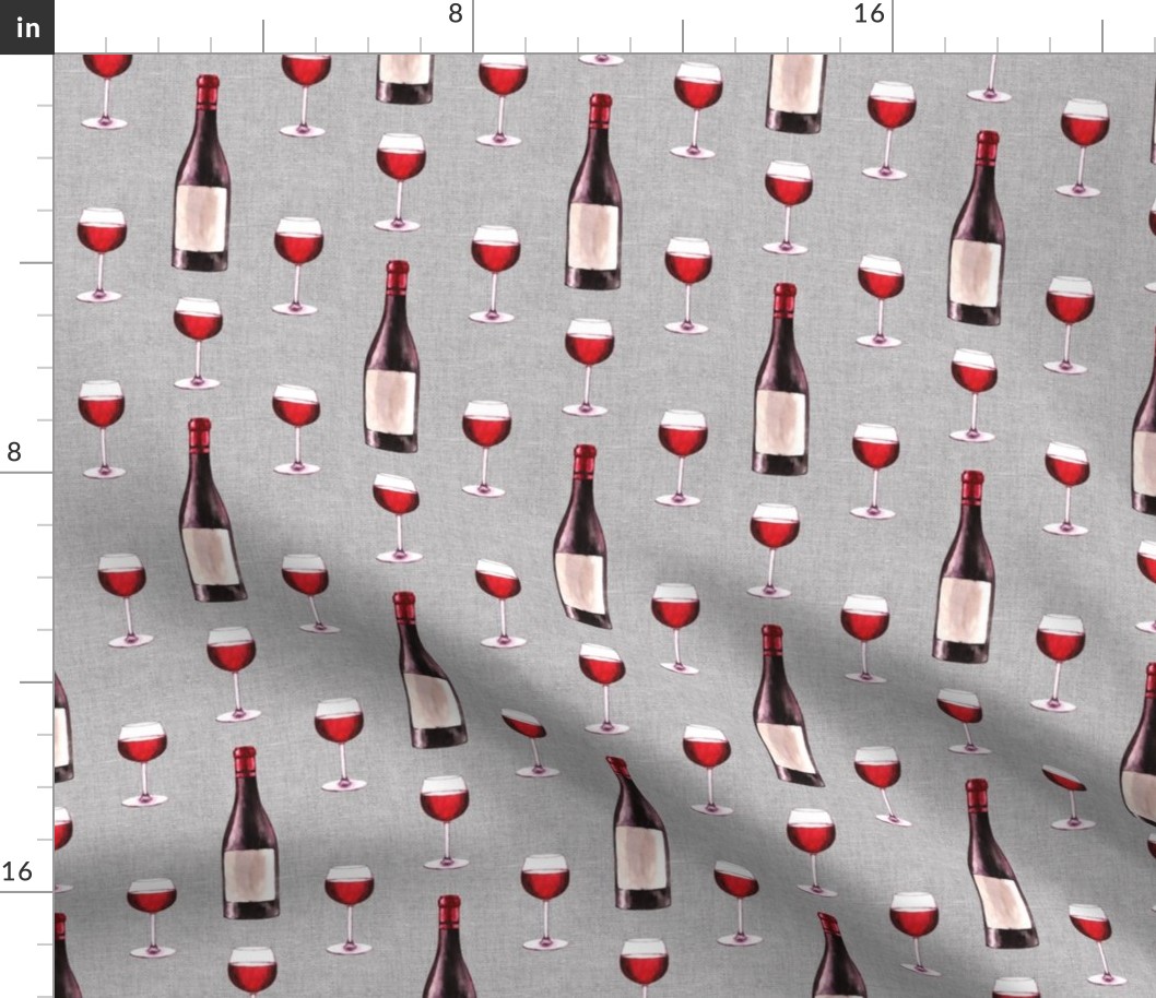 Smaller Scale Red Wine Bottles and Glasses on Grey Linen Texture