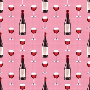 Smaller Scale Red Wine Bottles and Glasses on Pink Linen Texture