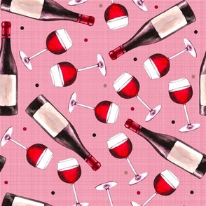 Bigger Scale Red Wine Bottles and Glasses on Pink Linen Texture
