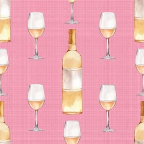 Bigger Scale White Wine Bottles and Glasses on Pink Linen Texture