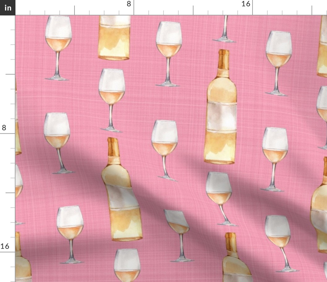 Bigger Scale White Wine Bottles and Glasses on Pink Linen Texture