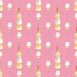 Smaller Scale White Wine Bottles and Glasses on Pink Linen Texture