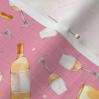 Smaller Scale White Wine Bottles and Glasses on Pink Linen Texture