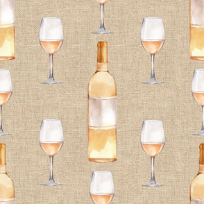 Bigger Scale White Wine Bottles and Glasses on Tan Linen Texture