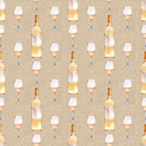 Smaller Scale White Wine Bottles and Glasses on Tan Linen Texture