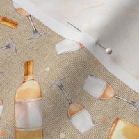 Smaller Scale White Wine Bottles and Glasses on Tan Linen Texture