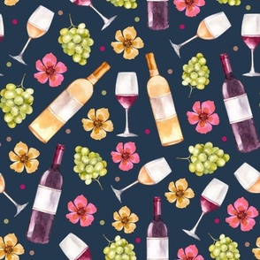 Large Scale Red and White Wine Bottles Grapes and Watercolor Flowers on Navy