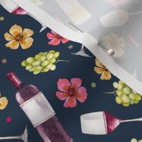 Medium Scale Red and White Wine Bottles Grapes and Watercolor Flowers on Navy