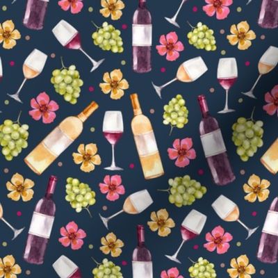 Medium Scale Red and White Wine Bottles Grapes and Watercolor Flowers on Navy