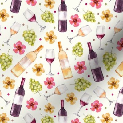 Medium Scale Red and White Wine Bottles Grapes and Watercolor Flowers on Ivory