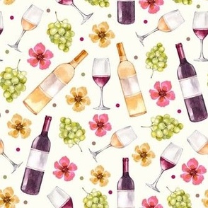 Medium Scale Red and White Wine Bottles Grapes and Watercolor Flowers on Ivory