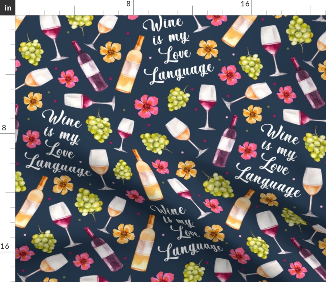 Large Scale Wine is my Love Language Red and White Wine Bottles Grapes and Watercolor Flowers on Navy