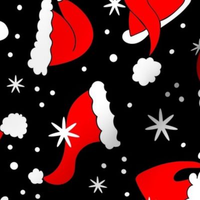 Large Scale Red Santa Hats and Snowflakes on Black