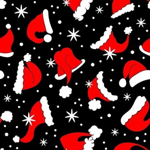 Large Scale Red Santa Hats and Snowflakes on Black