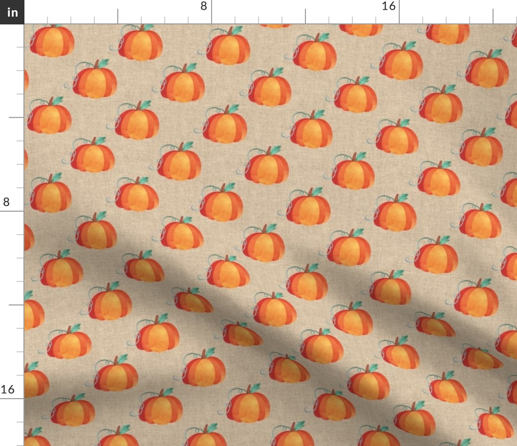 Smaller Scale Watercolor Pumpkins on Burlap-look texture