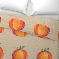 Pillow Front Fat Quarter Size Makes 18" Cushion Pillow Pumpkin on Watercolor on Tan Burlap Look Texture