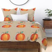 Pillow Front Fat Quarter Size Makes 18" Cushion Pillow Pumpkin on Watercolor on Tan Burlap Look Texture