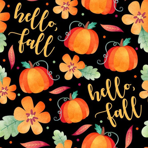 Large Scale Hello Fall - Watercolor Pumpkins and Flowers on Black Background