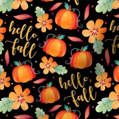 Medium Scale Hello Fall - Watercolor Pumpkins and Flowers on Black Background