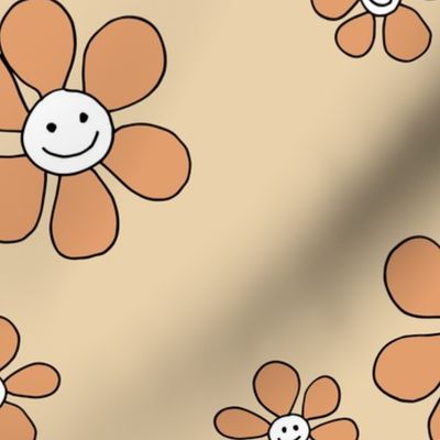 Little smiley flower power boho flowers seventies vintage retro style camel beige orange LARGE