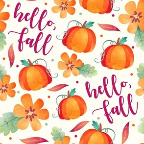 Large Scale Hello Fall Watercolor Pumpkins and Flowers on Creamy Ivory