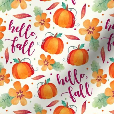 Medium Scale Hello Fall Watercolor Pumpkins and Flowers on Creamy Ivory