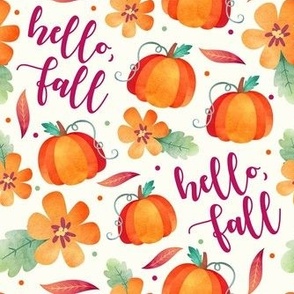 Medium Scale Hello Fall Watercolor Pumpkins and Flowers on Creamy Ivory