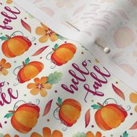 Small Scale Hello Fall Watercolor Pumpkins and Flowers on Creamy Ivory