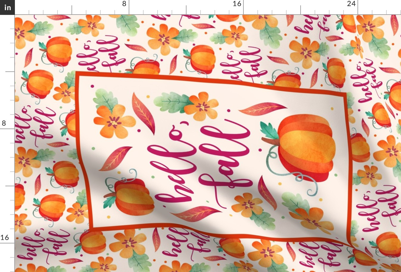 Large 27x18 Fat Quarter Panel for Tea Towel or Wall Art Hanging Hello Fall Watercolor Pumpkins and Flowers