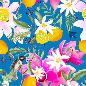 Summer,birds,citrus,Mediterranean style ,lemon fruit pattern 