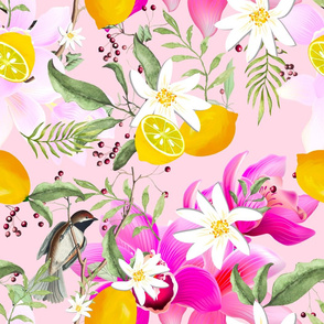 Summer,citrus,Mediterranean style ,birds,lemon fruit pattern 