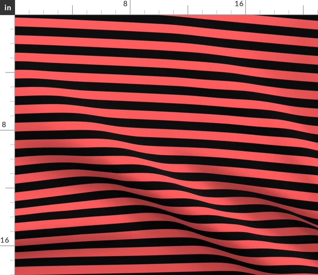 Vibrant Coral Awning Stripe Pattern Horizontal in Black