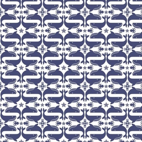 Humpback Whale Song with Starfish, Jellyfish, & Octopus in Navy on White, SMALL