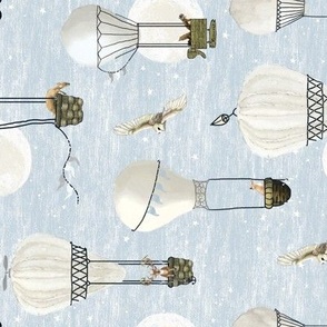 Horizontal White hot air balloons, stars and moon medium scale with woodland animals on baby blue sky, light blue, wildlings, owl, nursery, baby boy, tea towel