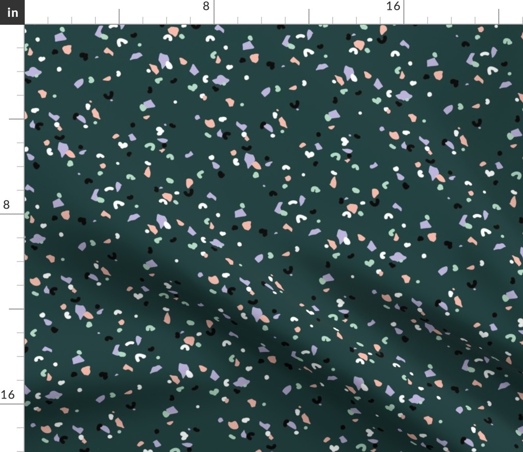 Retro terrazzo little spots and speckles in multi color trendy marble nursery texture forest green lilac mint blush